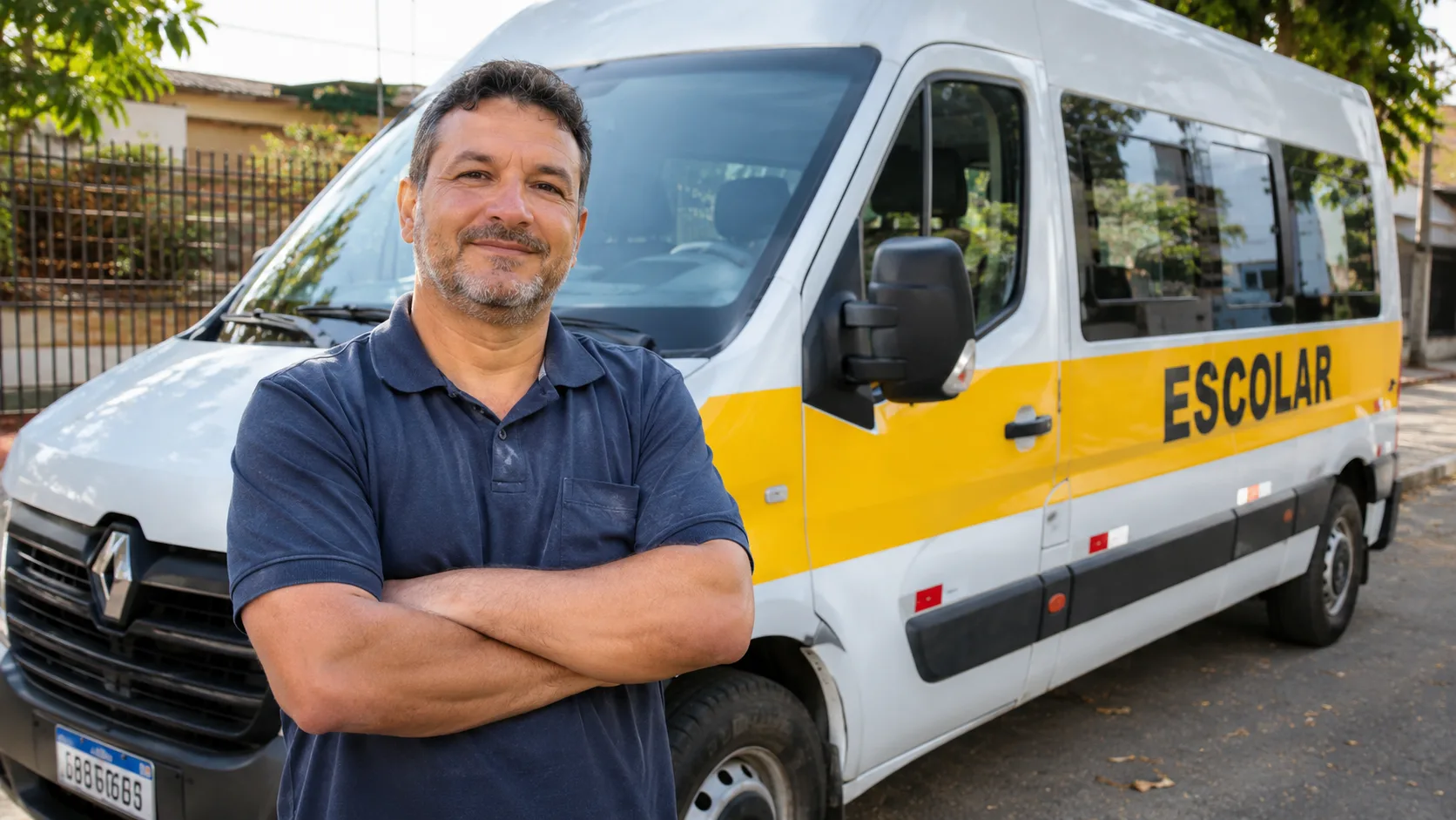 Motorista de transporte escolar ao lado da sua van com a faixa Escolar